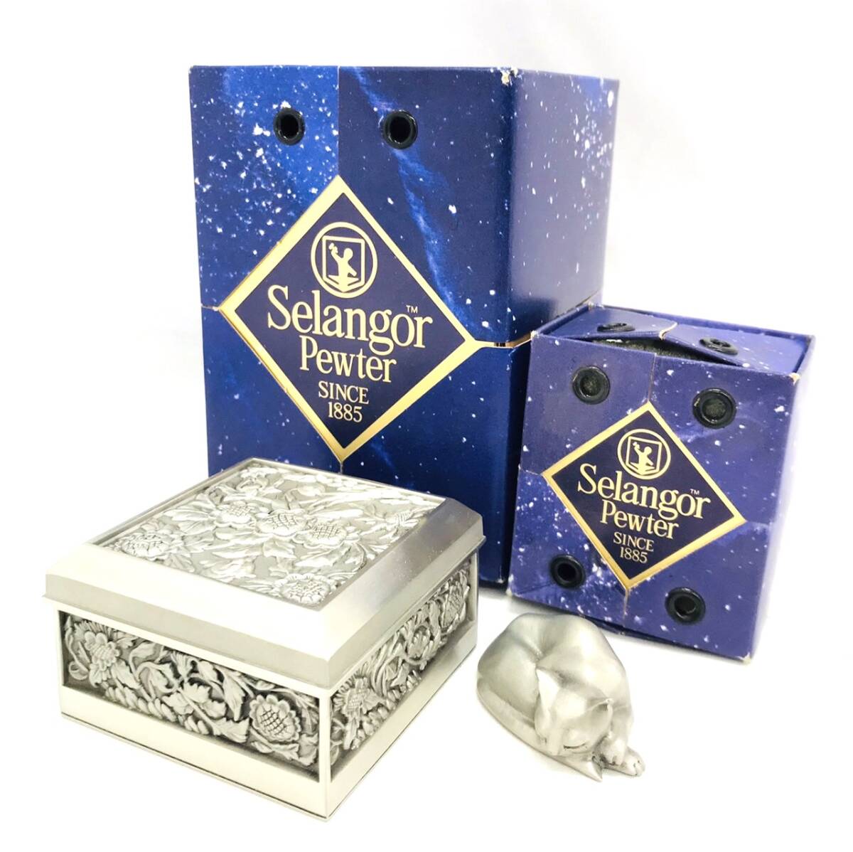 I★Selangor Pewter セランゴールピューター 小物入れ ジュエリーBOX ネコ置物 箱付★_画像1