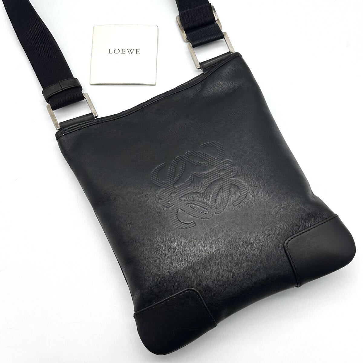 2293 популярный снят с производства * LOEWE Loewe сумка на плечо sako Sure na грамм Logo en Boss наклонный .. кожа черный натуральная кожа металлические принадлежности для мужчин и женщин чёрный 