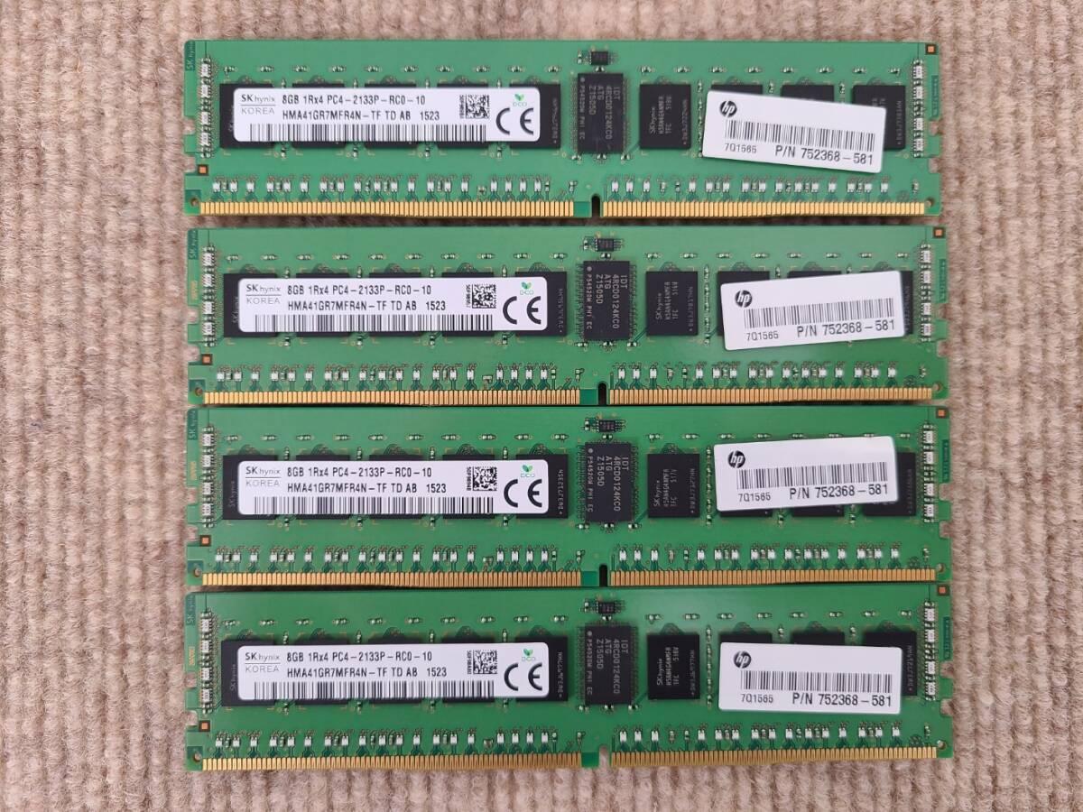 8GB 4枚セット 計32GB SK Hynix HMA41GR7MFR4N-TF TD AB DDR4 1Rx4 PC4-2133P RDIMM Server Memory HP純正メモリ 752368-581 [1523][PT010]の画像1