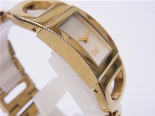 * DOLCE&GABBANA * Dolce and Gabbana quartz D&G Logo breath bangle Gold square battery replaced operation goods *USED