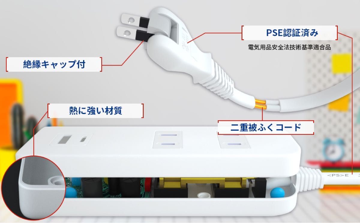 電源タップ 延長コード USB-C 1ポート USB-A 1ポート 差込口 2口 (3m, ホワイト)