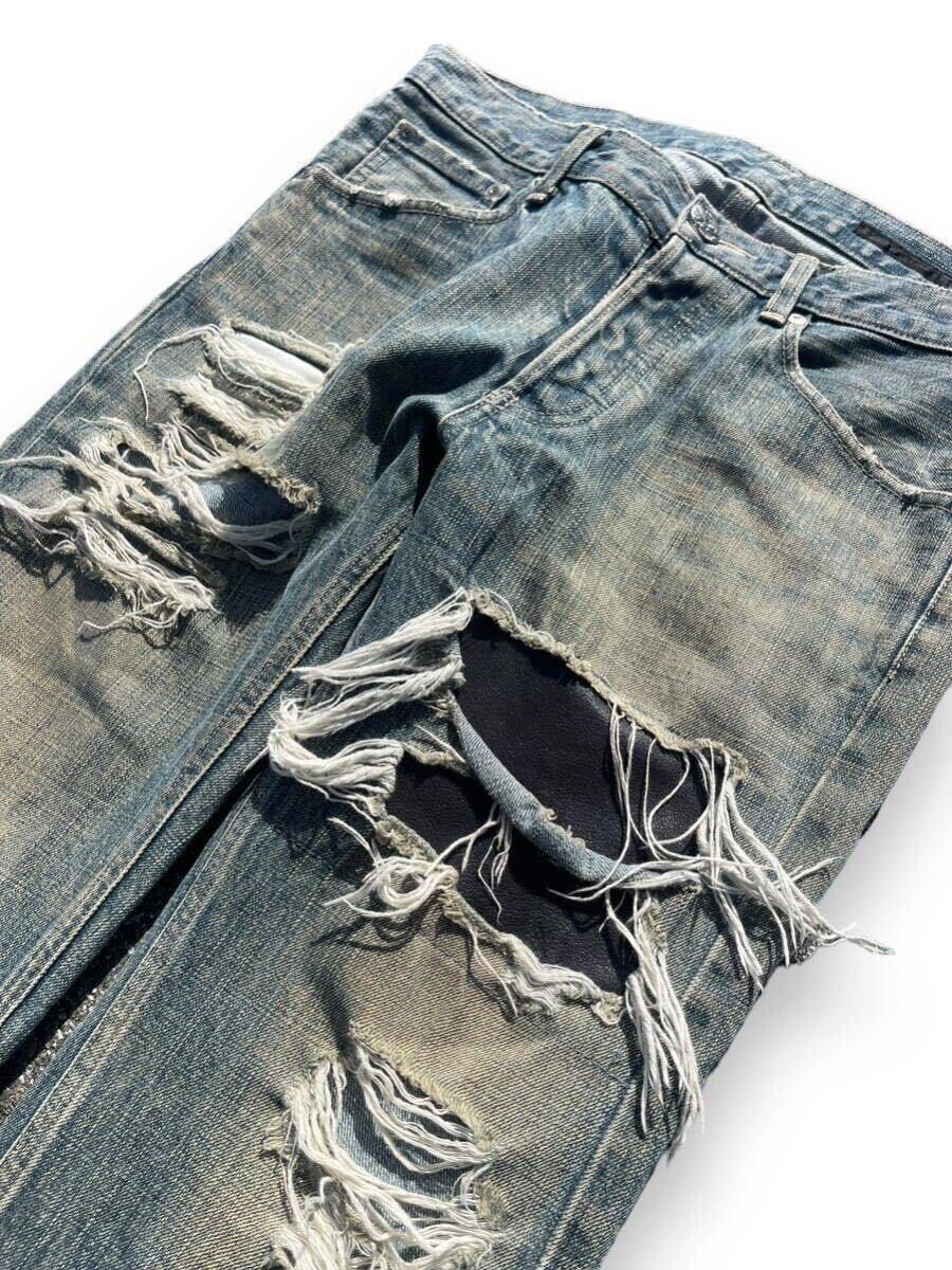 00s Japanese label the viridi Anne damage denim pants lether puch crash destroy japan brand collection archive の画像3