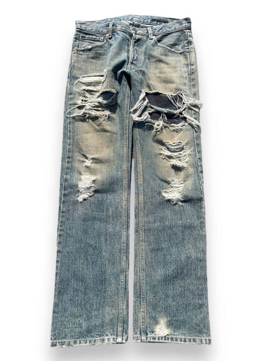 00s Japanese label the viridi Anne damage denim pants lether puch crash destroy japan brand collection archive の画像1