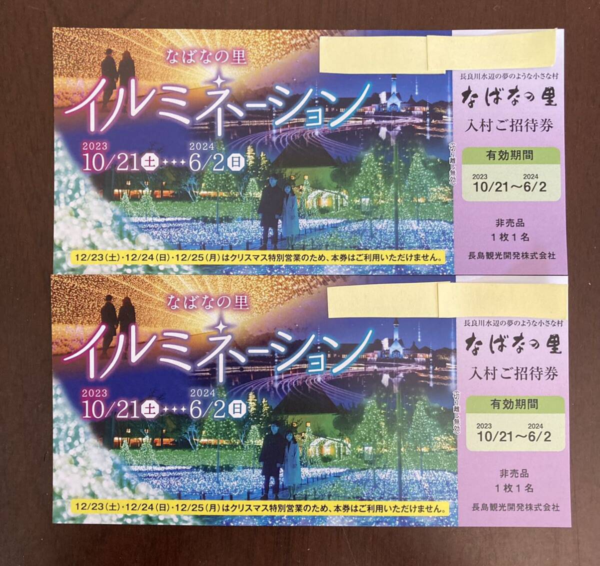 なばなの里 入村ご招待券 2枚 有効期限2024年6月2日迄 入場券 ペア チケット 2人分 イルミネーション 長島リゾートの画像1