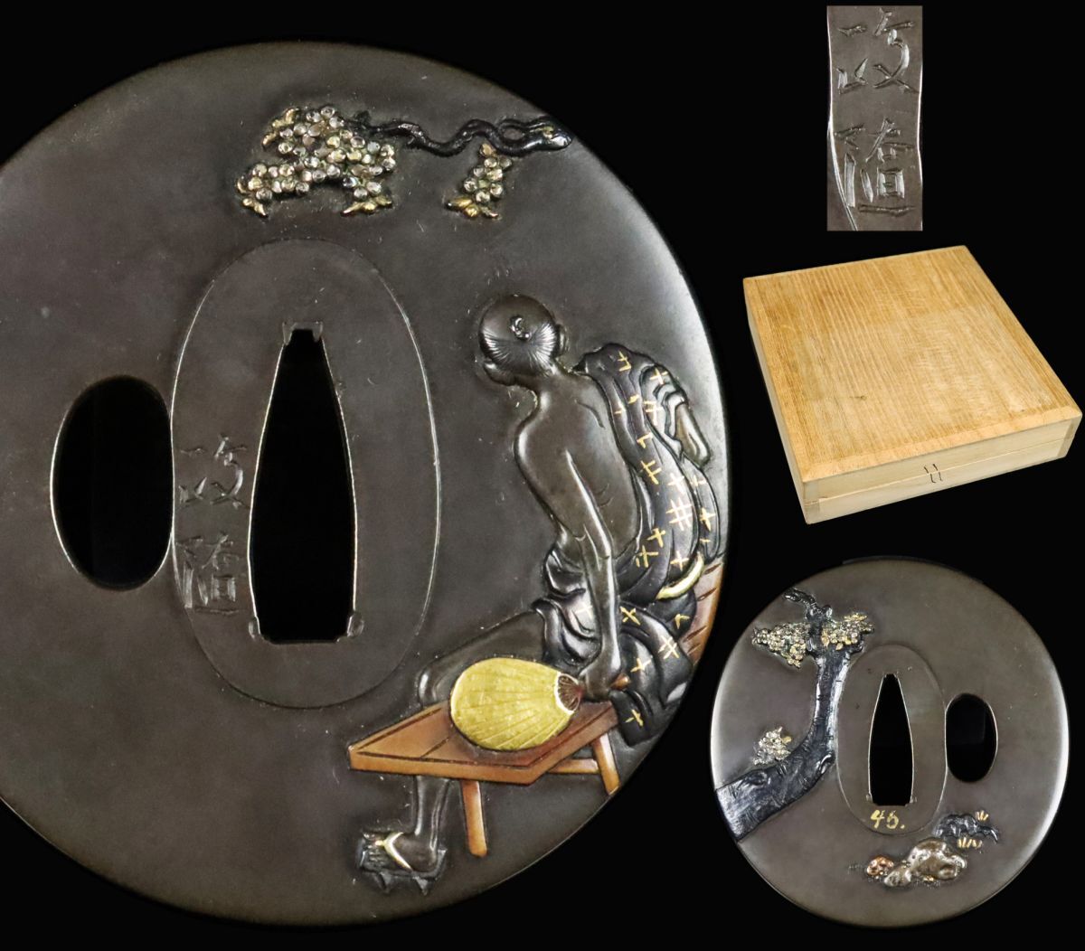 笄 銅地高彫色絵象嵌 「武具図柄」 江戸時代 超絶技巧の金工師名品!江戸期【浜野政随】赤銅魚子地人物風景図