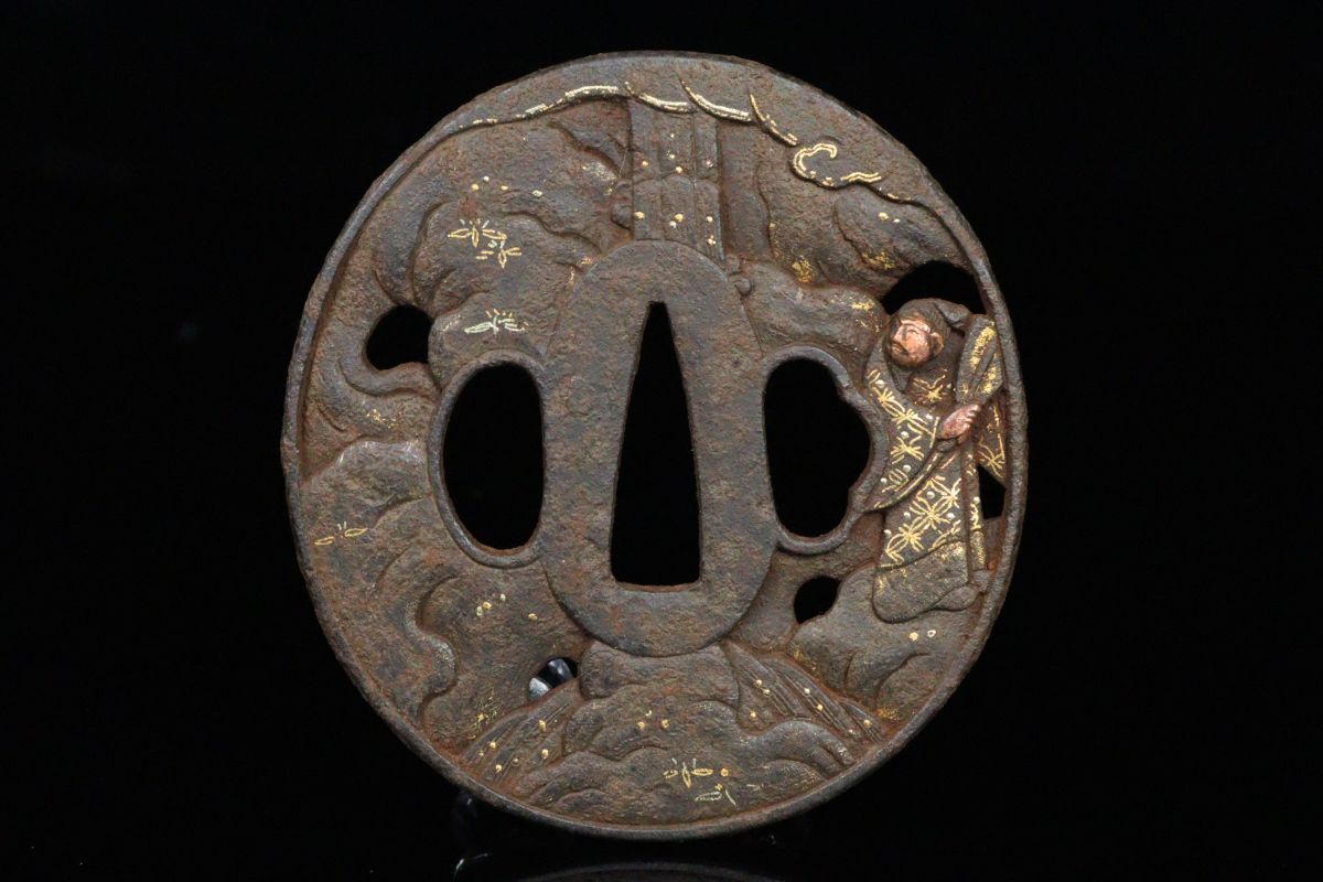 時代武具 鉄地 金象嵌 楼閣山人物図丸形鍔 7.3cm 透かし 刀剣 日本刀鍔 刀装具[6458⑩]の画像2