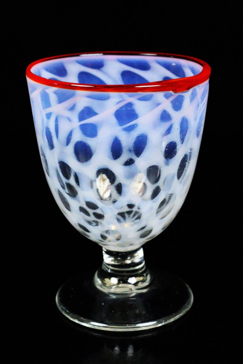 大正ロマン ウランガラス 氷コップ 三色水玉文ナツメ形 高さ11.2cm 時代硝子 和硝子[6373①qu]の画像3