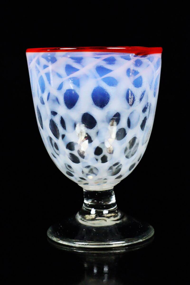 大正ロマン ウランガラス 氷コップ 三色水玉文ナツメ形 高さ11.2cm 時代硝子 和硝子[6373①qu]の画像2