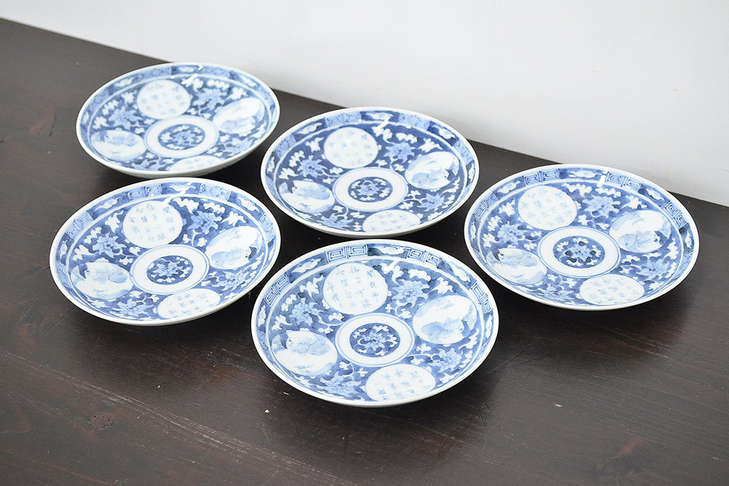 R-047082 明治~大正 平戸嘉祥 銘 染付 五寸皿 5枚セット(和食器 R-047082 明治~大正 平戸嘉祥 銘 染付 五寸皿 5枚セット(和食器