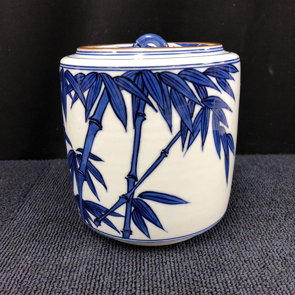 【中古美品】京焼 染付 水指 平安 景雲 竹絵 茶道具 茶器 蓋付 在銘 箱無し 古美術 工芸品 時代物 骨董品 I201の画像1