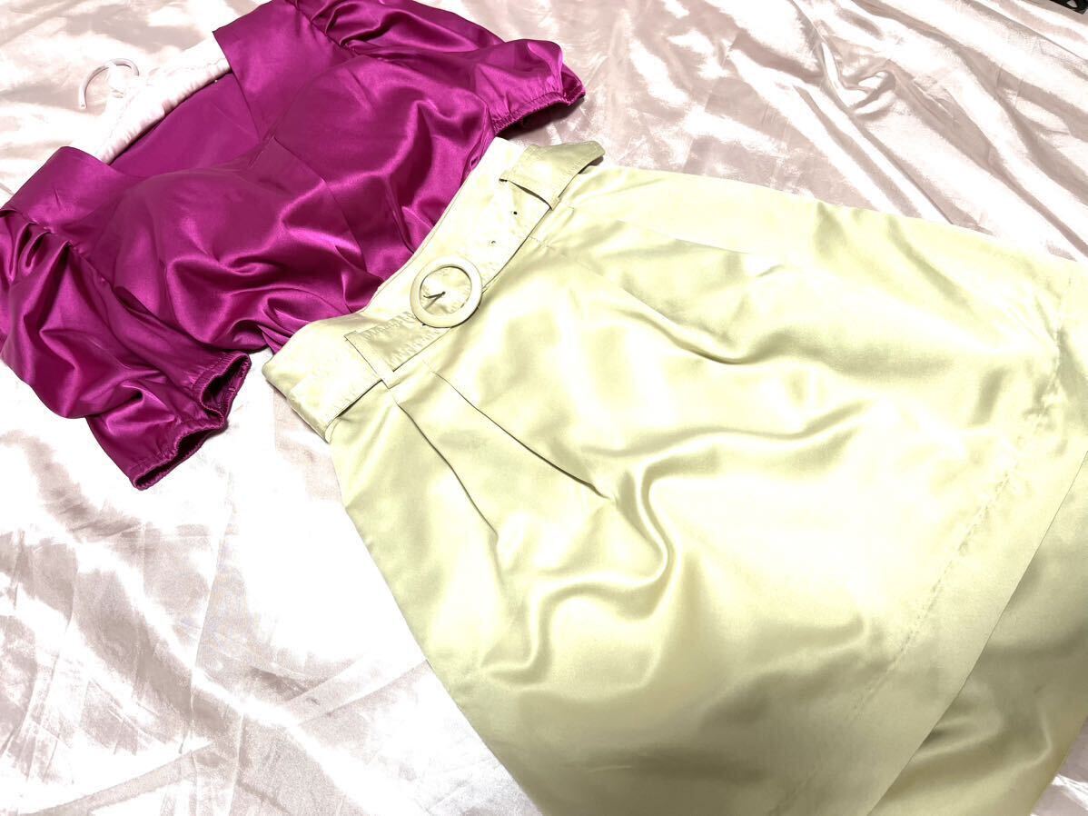 [超艶々光沢サテンセット]トップス 艶トロ 光沢 ブラウス 鮮やかピンク×ツルツル シャンパンゴールドティアードスカート&ベルト付きの画像1