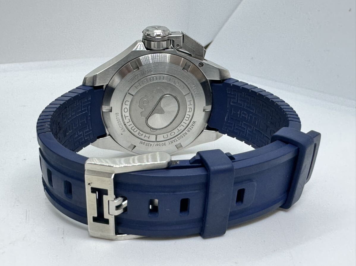 美品 HAMILTON ハミルトン カーキネイビー オープンウォーター 300ｍ H777050 デイト 青文字盤 メンズ腕時計 自動巻き 箱付の画像9