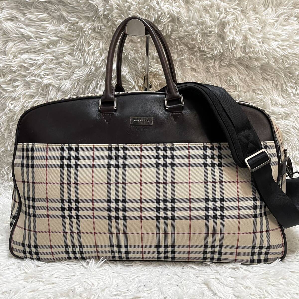 1円〜美品【超大容量/2way】BURBERRY バーバリー ボストンバッグ ショルダー 斜め掛け レザー 本革 キャンバス ノバチェック 旅行 ビジネス