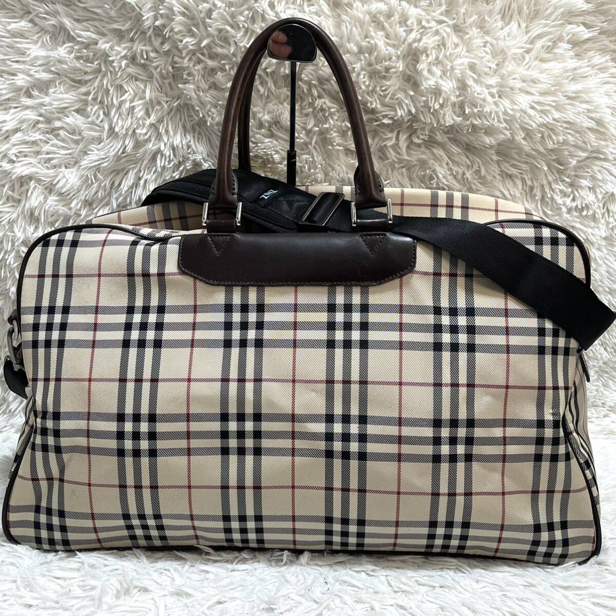 1円〜美品【超大容量/2way】BURBERRY バーバリー ボストンバッグ ショルダー 斜め掛け レザー 本革 キャンバス ノバチェック 旅行 ビジネス