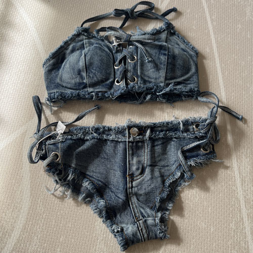  lady's swimsuit S Denim bikini short pants 2 point set sexy costume sea pool te-to. industry travel halter-neck resort man uke