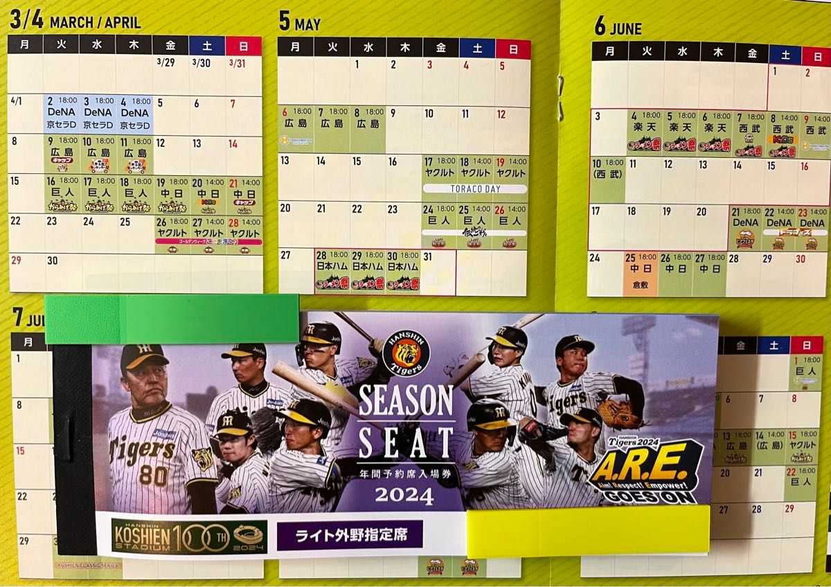 2024年5月8日(水) 阪神甲子園球場 18:00 開始予定　　阪神vs広島   ライト外野指定席1枚