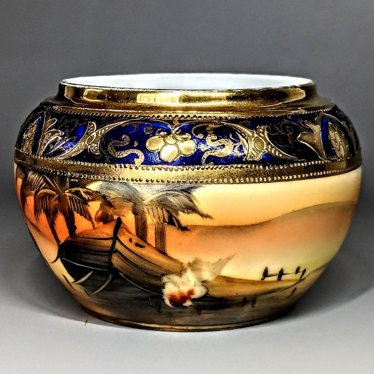  Old Noritake famous pattern gold . on Indigo obi sand . scenery map bowl pot maru ki seal 1908~ year made 