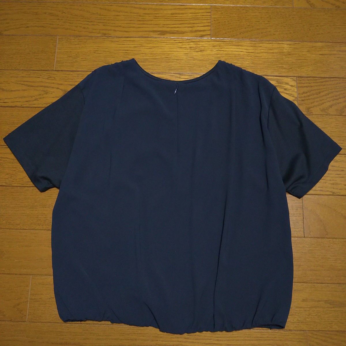 半袖 ブラウス M ネイビー 異素材 無地 カットソー シフォンブラウス Tシャツ 後ろファスナー テロンとした 紺色 リネーム