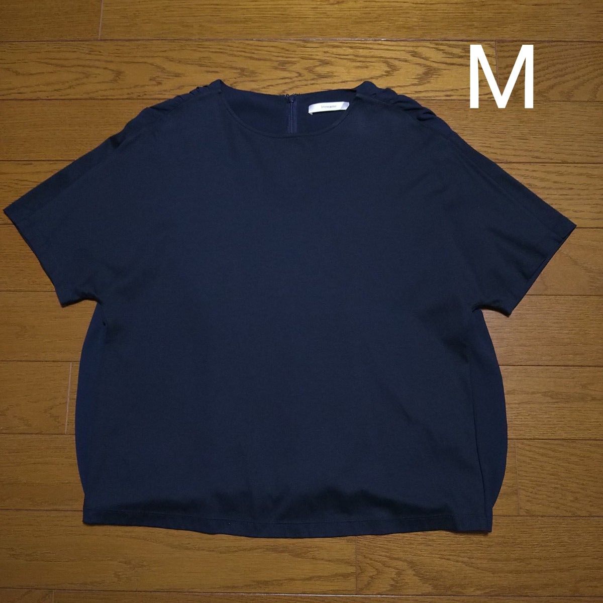 半袖 ブラウス M ネイビー 異素材 無地 カットソー シフォンブラウス Tシャツ 後ろファスナー テロンとした 紺色 リネーム