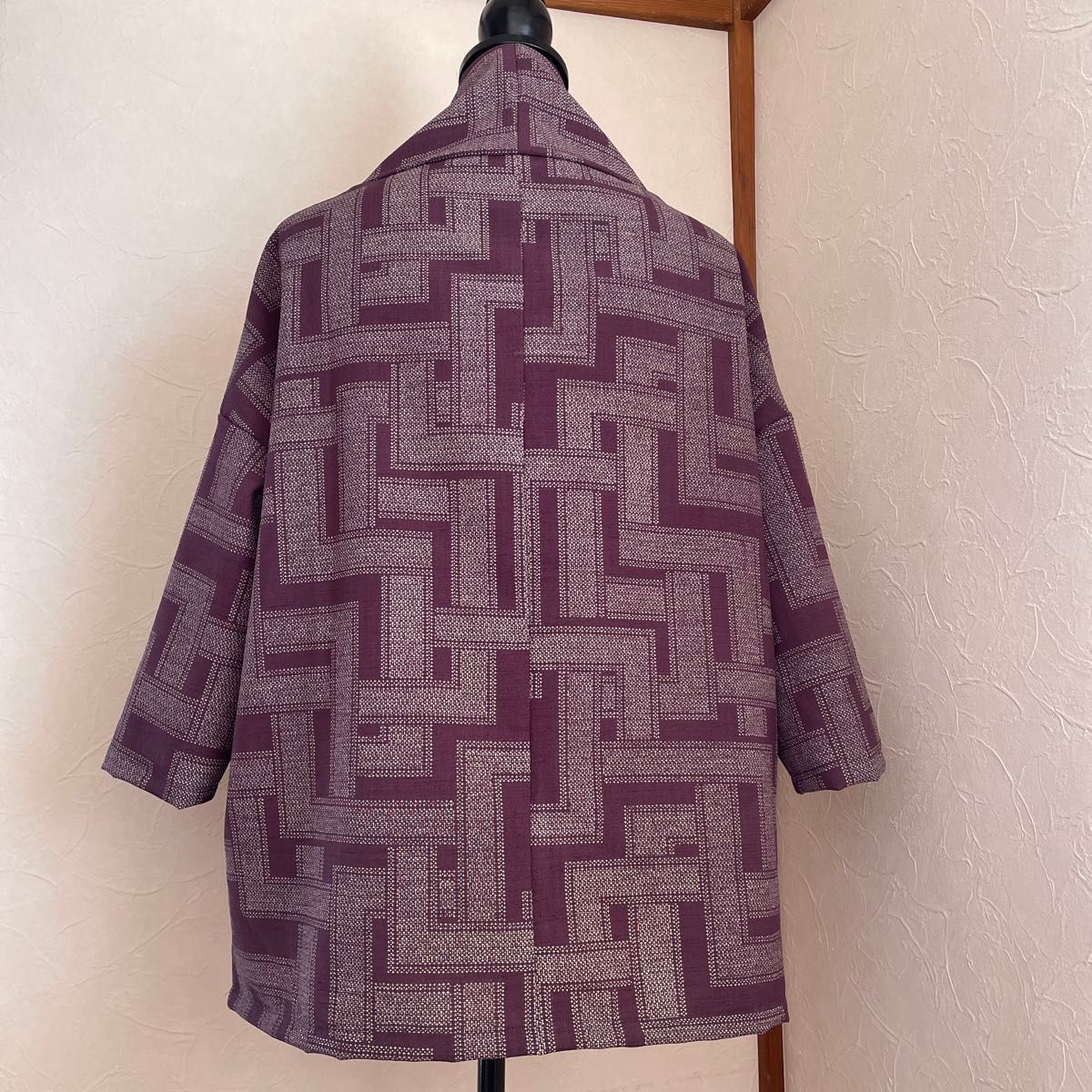 正絹　紬　着物　紫系幾何学柄　リメイク  スキッパー  シャツ　チュニックC