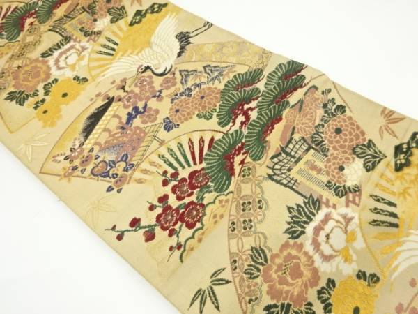 ys6967229; 宗sou 扇面に鶴・花模様織り出し丸帯（材料）【アンティーク】【着】_画像1