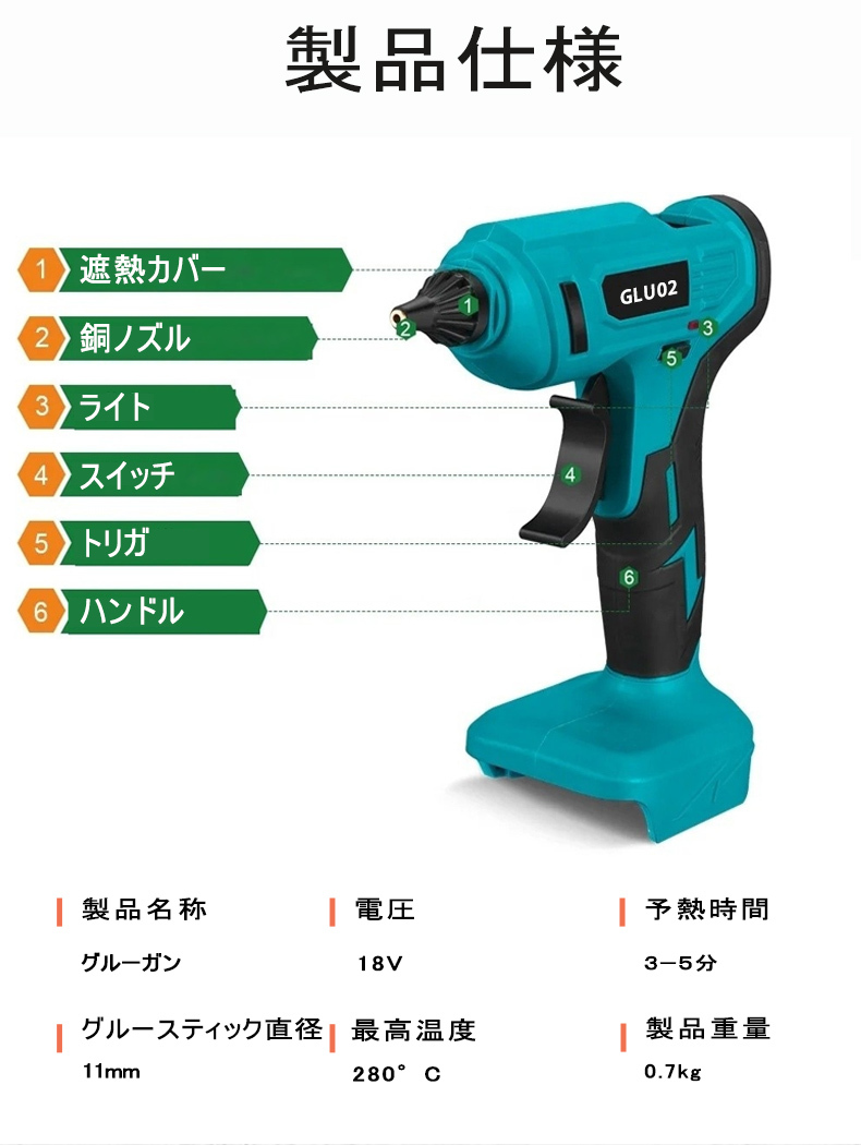 (A) グルーガン 充電式 マキタ Makita 互換 コードレス グルースティック付き 18V 手芸 木工 DIY ※バッテリー 充電器 別売りの画像3