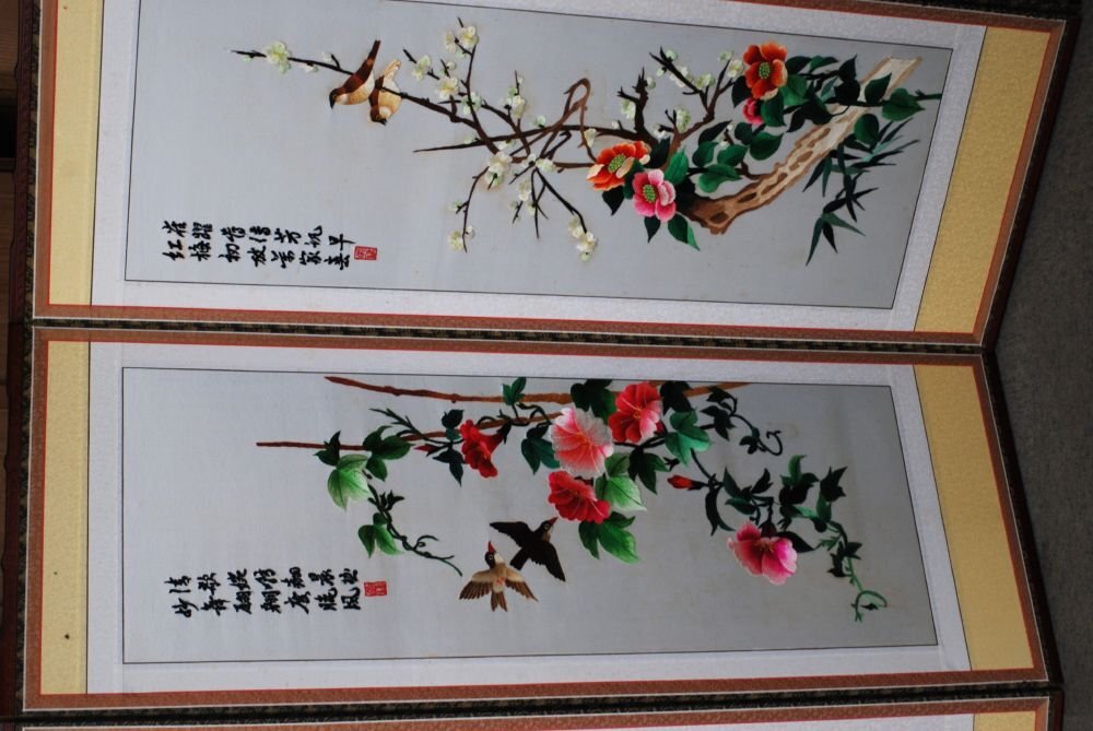 両面 屏風 六曲一隻 刺繍 花鳥図 瑞峰 崔徳山 書 H121.5cm 工芸品 [G696]の画像3