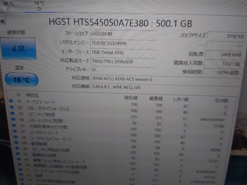 ▲ 14294時間 ＋ 22556時間　HGST Seagate　500gb HDD　うす型 2個セット ノート用 ／正常判定　送料無料