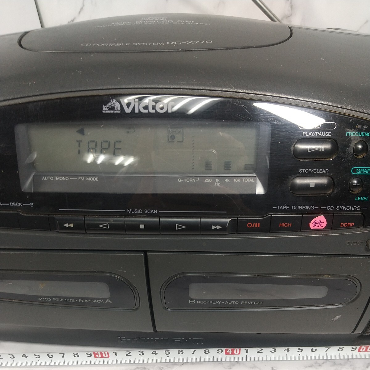 320同梱NG Victorビクター CDポータブルシステム ラジカセ RC-X770 G-HORN EXII 動作品 中古現状 右側カセット音難有り 幅72cm_画像3