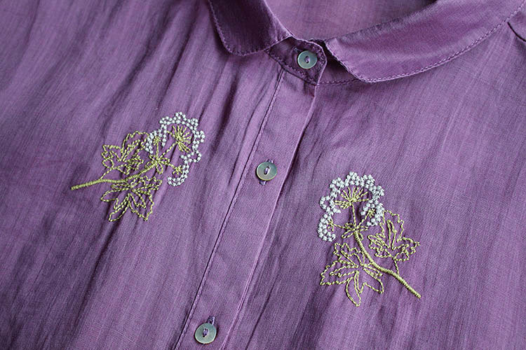 新デザイン　夏　女性服　薄手通気　刺繍麻　生地上着　復古　ゆったり　麻シャツ　紫　YWQ651_画像3