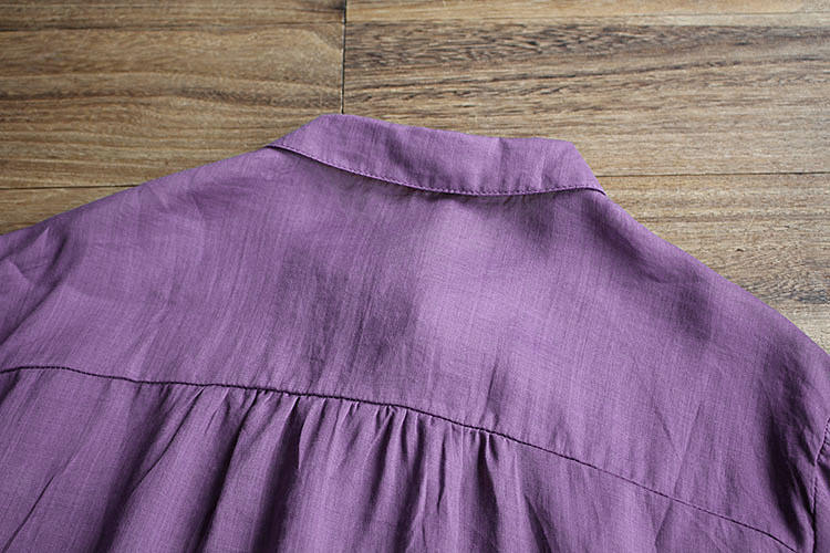 新デザイン　夏　女性服　薄手通気　刺繍麻　生地上着　復古　ゆったり　麻シャツ　紫　YWQ651_画像2
