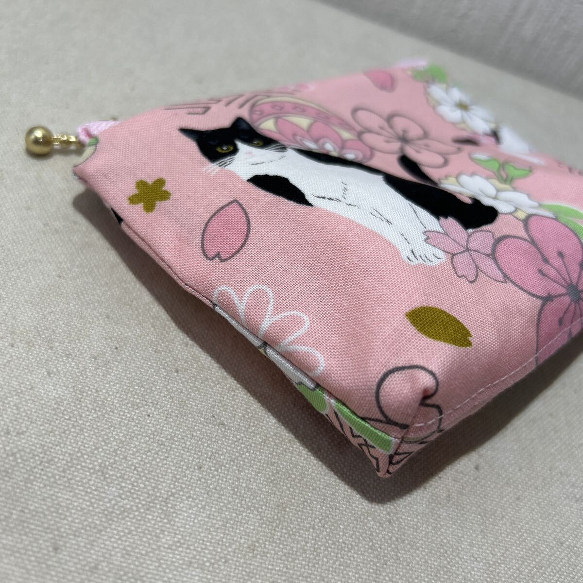 ミニポーチ/カード/コイン/12cmポーチ/ハチワレ猫ピンク桜_画像3