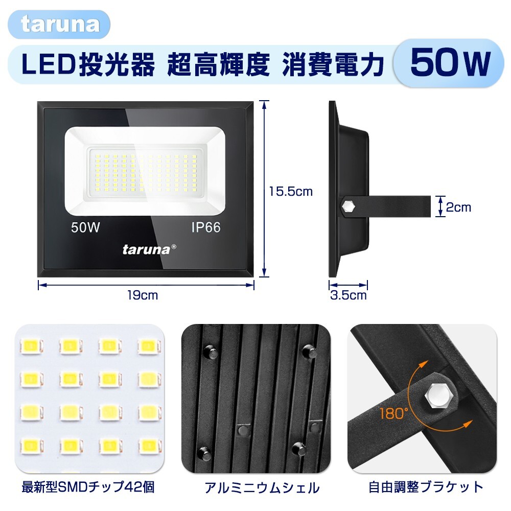 【即納】 4台 LED投光器 50W 500W相当 昼光色 6000K 薄型 防犯ライト 作業灯 IP66 防水 コンセント式 広角ライト 屋外 照明 送料無料 ZW-05_画像2