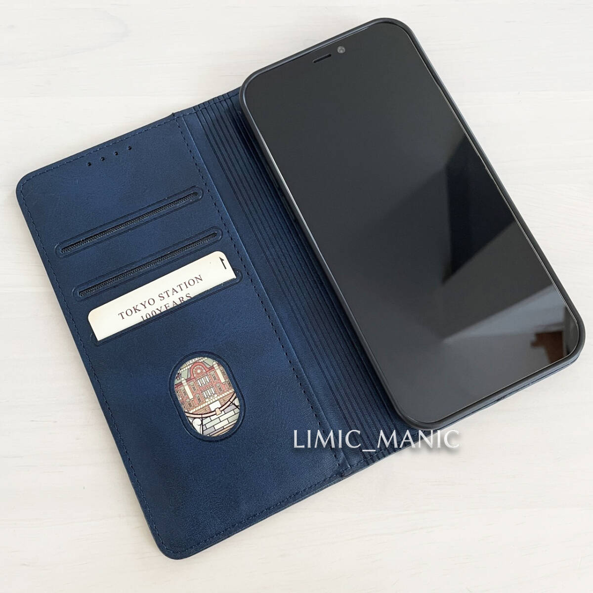iPhone 12 / 12 Pro 手帳型 スマホ ケース マグネット 磁石 ネイビー 紺 紺色 高級PUレザー アイフォンの画像5