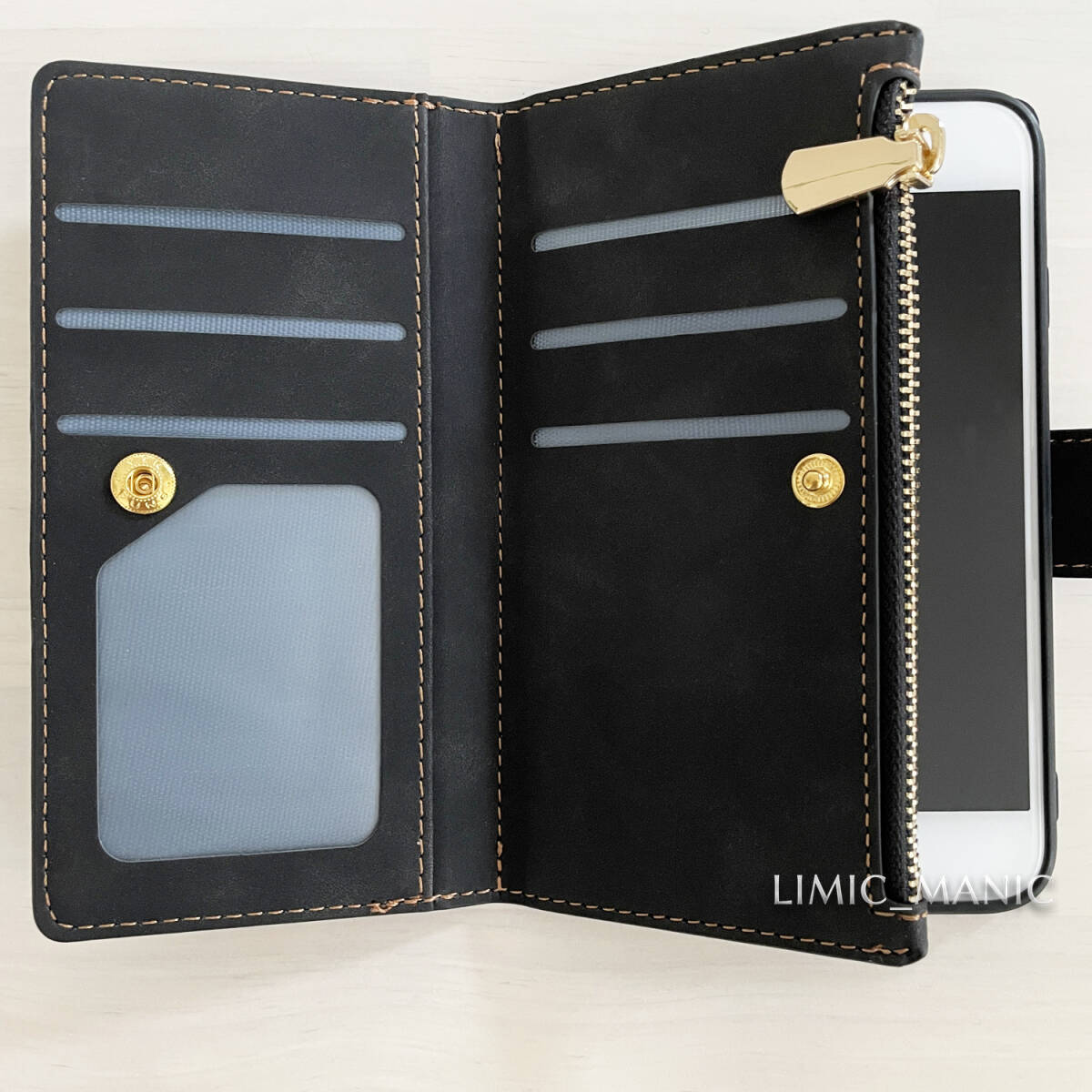 iPhone 7 8 SE (第2世代/第3世代) SE2 SE3 ケース スマホ 手帳型 レザー ブラック 黒 お財布 カード収納 アイフォン アイホンの画像3