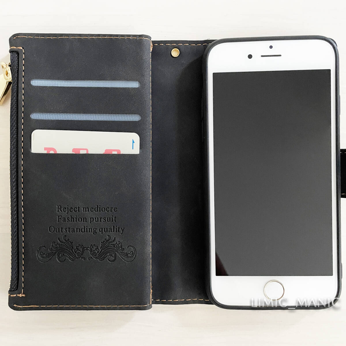 iPhone 7 8 SE (第2世代/第3世代) SE2 SE3 ケース スマホ 手帳型 レザー ブラック 黒 お財布 カード収納 アイフォン アイホンの画像4