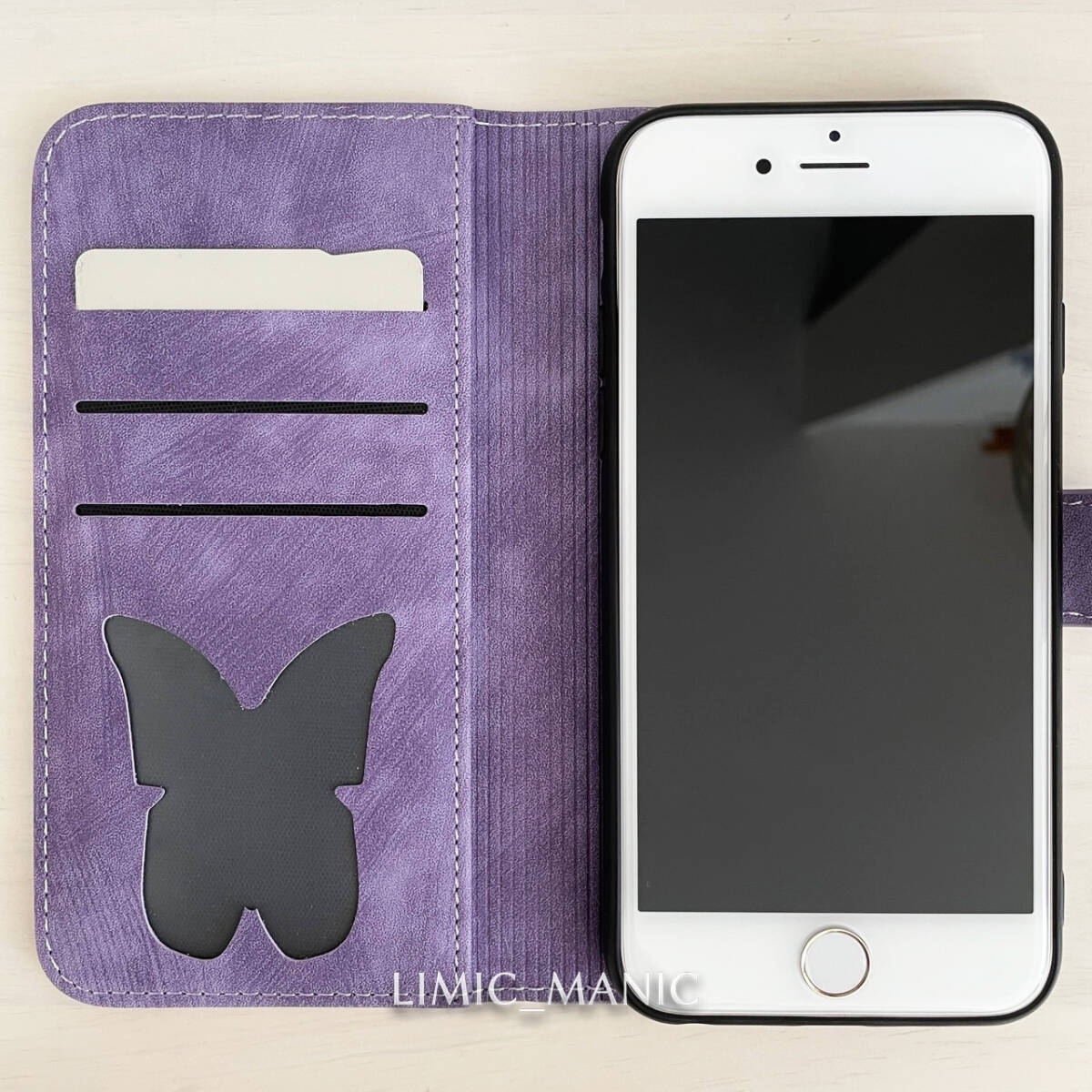 iPhone 6 6s 7 8 SE (第2世代/第3世代) SE2 SE3 ケース スマホ 手帳型 カードケース 紫 パープル 猫 CAT ねこ 蝶 エンボス加工 アイフォン_画像2