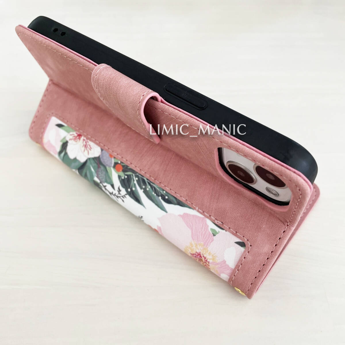 iPhone 13 / 14 スマホ ケース 手帳型 レザー調 ショルダー 肩掛け 紐付き ピンク ベージュ 花柄 フラワーの画像4