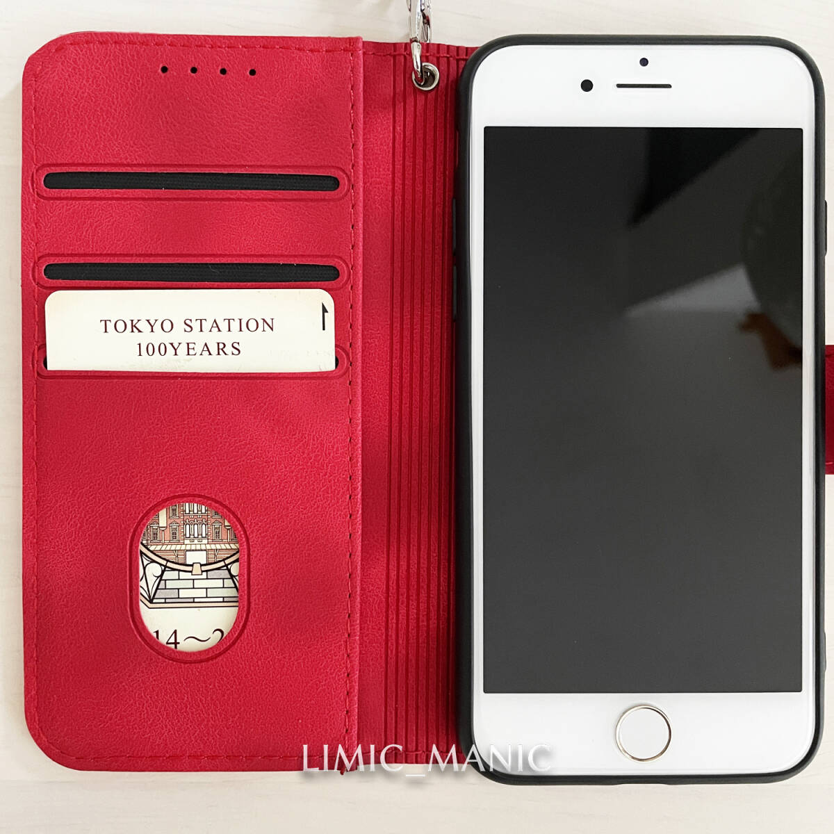 訳あり v2 iPhone 7 8 SE (第2世代/第3世代) SE2 SE3 ケース スマホケース 手帳型 レッド 赤 赤色 線模様 ライン入り アイフォンの画像2