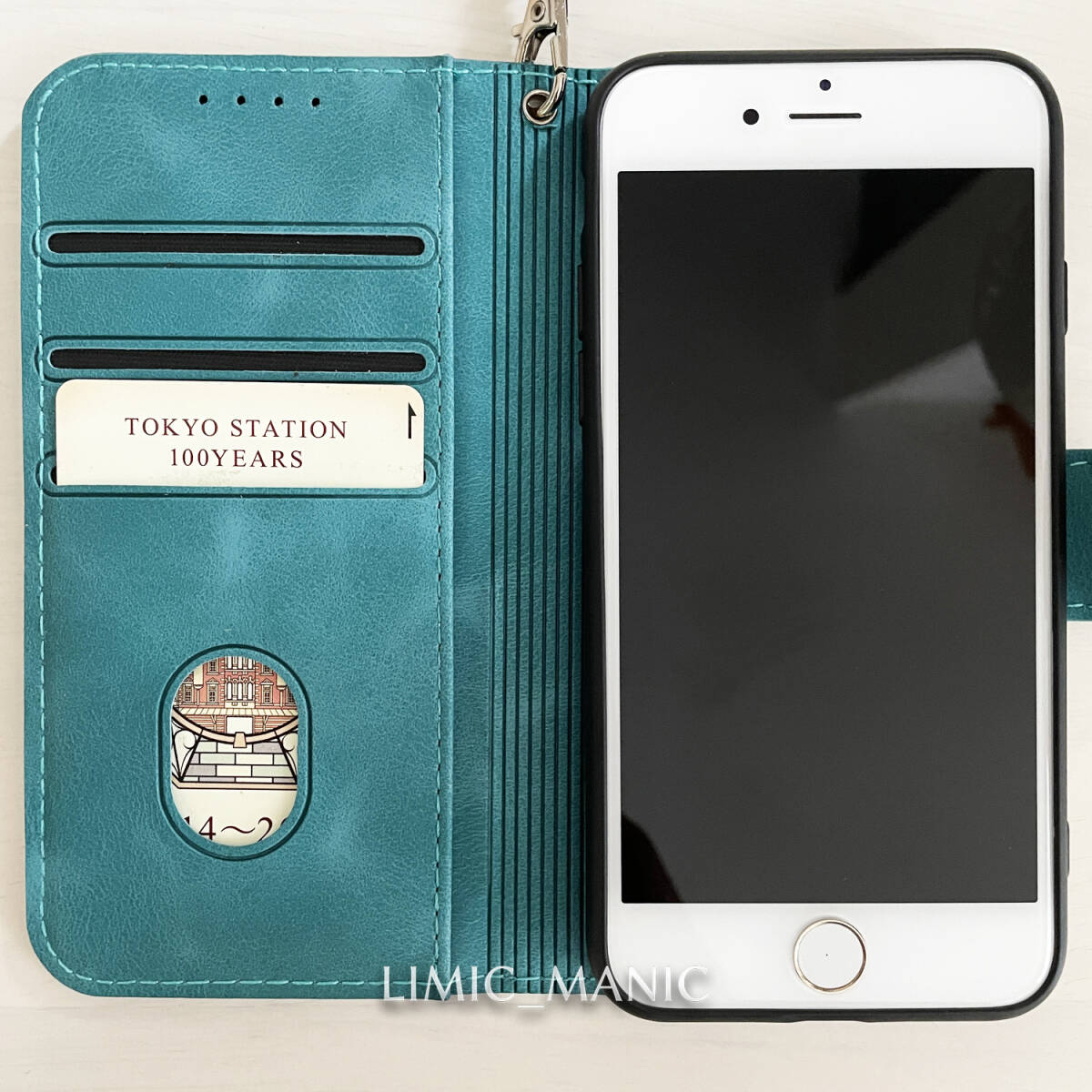 iPhone 7 8 SE (第2世代/第3世代) SE2 SE3 ケース スマホケース 手帳型 エメラルド 緑 線模様 ライン入り アイフォンの画像2