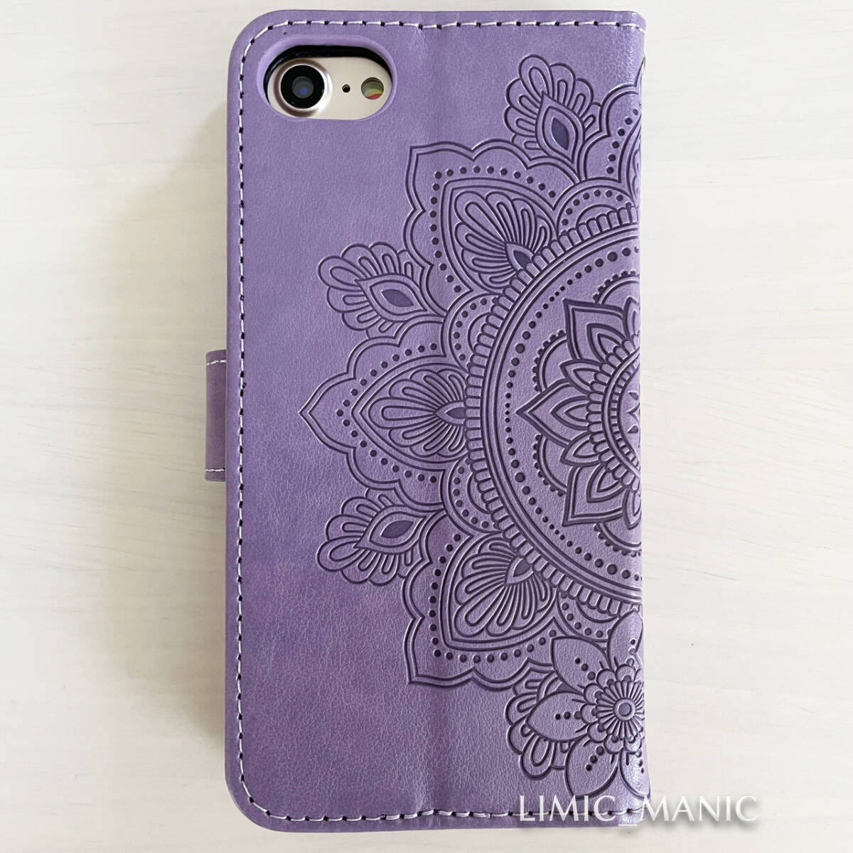 iPhone 7 8 SE (第2世代/第3世代) SE2 SE3 ケース スマホ 手帳型 カードケース パープル 紫 紫色 曼荼羅模様 花柄 アイフォン_画像3