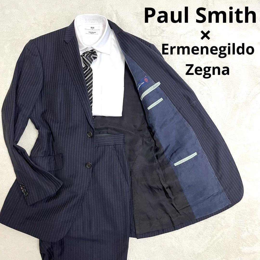 523 Paul Smith ポールスミス × Ermenegildo Zegna エルメネジルド ゼニア セットアップスーツ ネイビー L ストライプ_画像1
