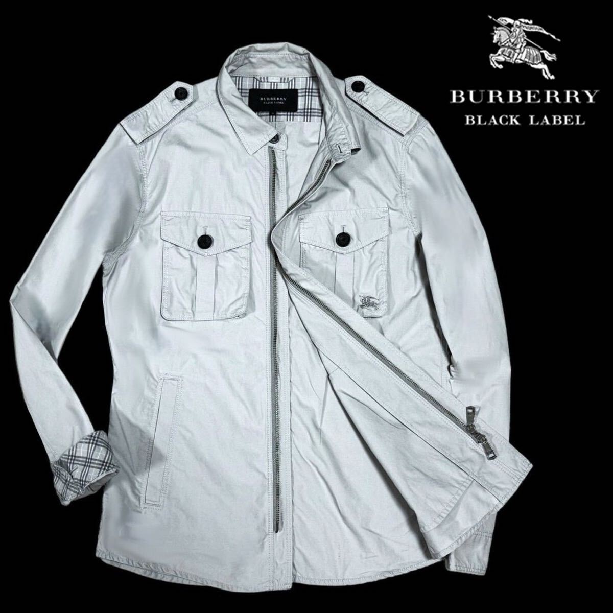 極美品 バーバリーブラックレーベル BIGホース刺繍 ノバチェック ミリタリー シャツ ジャケット M/2 グレー ブルゾン BURBERRY BLACK LABELの画像2