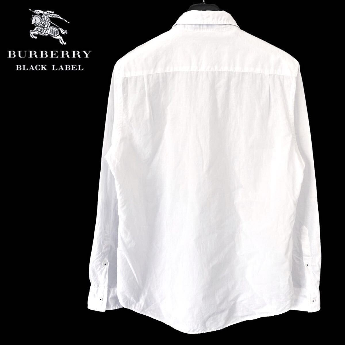 極美品 バーバリーブラックレーベル BIGホース刺繍 襟・袖裏ボーダー リネン混 2WAY ロールアップ 長袖シャツ 3/L 白 BURBERRY BLACK LABELの画像3