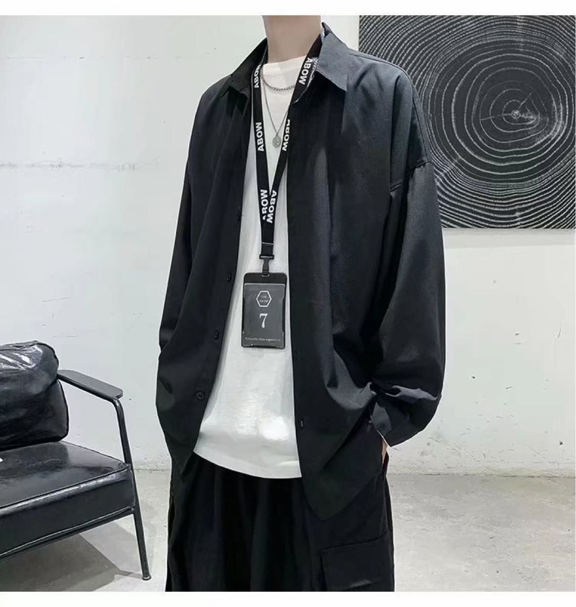 メンズ シャツ 長袖 オーバーサイズ モード系 サテン 黒 韓国 XL