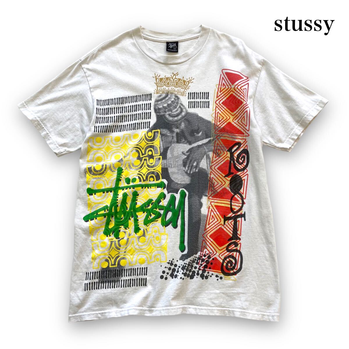 【stussy】ステューシー レゲエ ラスタカラー Tシャツ ROOTS (M) Tee 半袖tシャツ ビッグプリント メキシコ製 白 ホワイト (M)_画像1