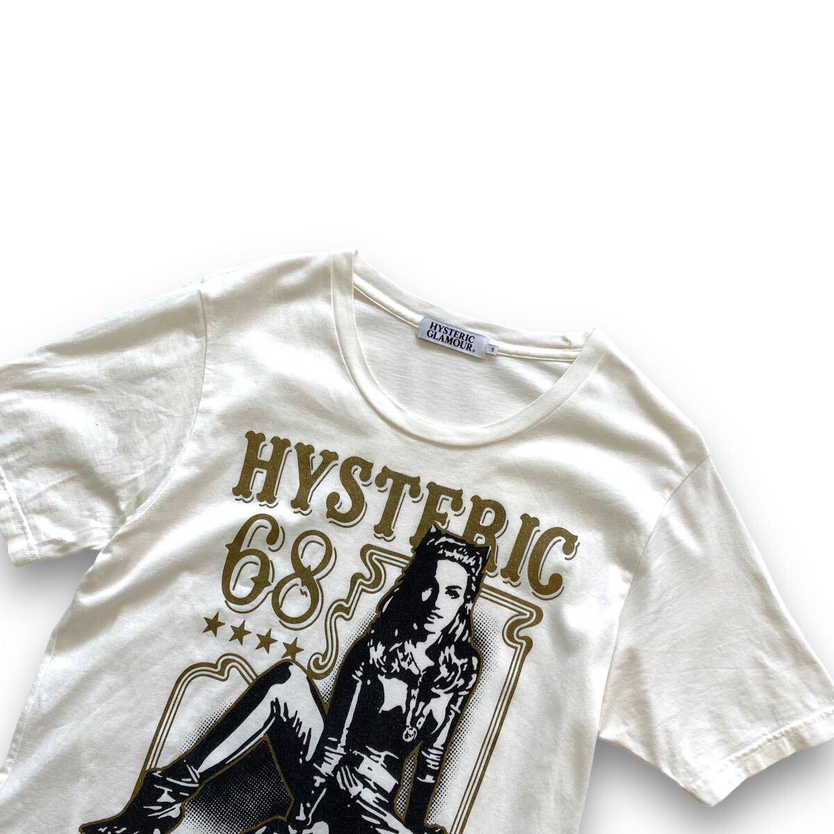 【HYSTERIC GLAMOUR】ヒスガールプリントTシャツ 半袖Tシャツ ヒステリックグラマー 白 ホワイト ゴールドラメ MEET THE CREEPER 68 金ラメ