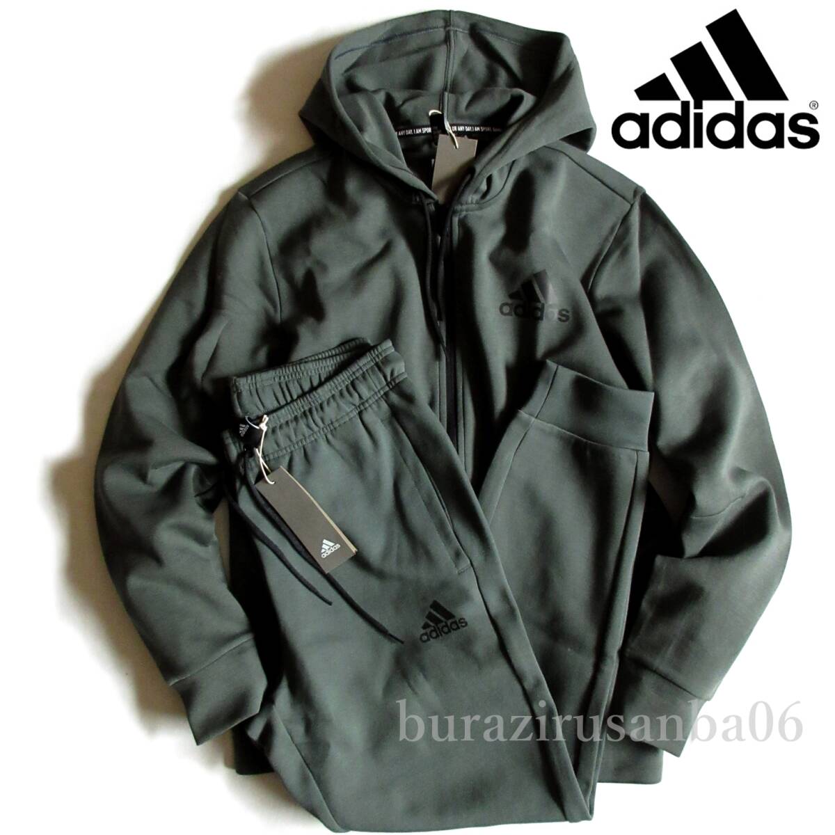 メンズ O XL◆未使用 定価1.5万 adidas アディダス 新感覚 ダブルニット スウェット フルジップ フーディー パーカー パンツ セットアップ_画像1