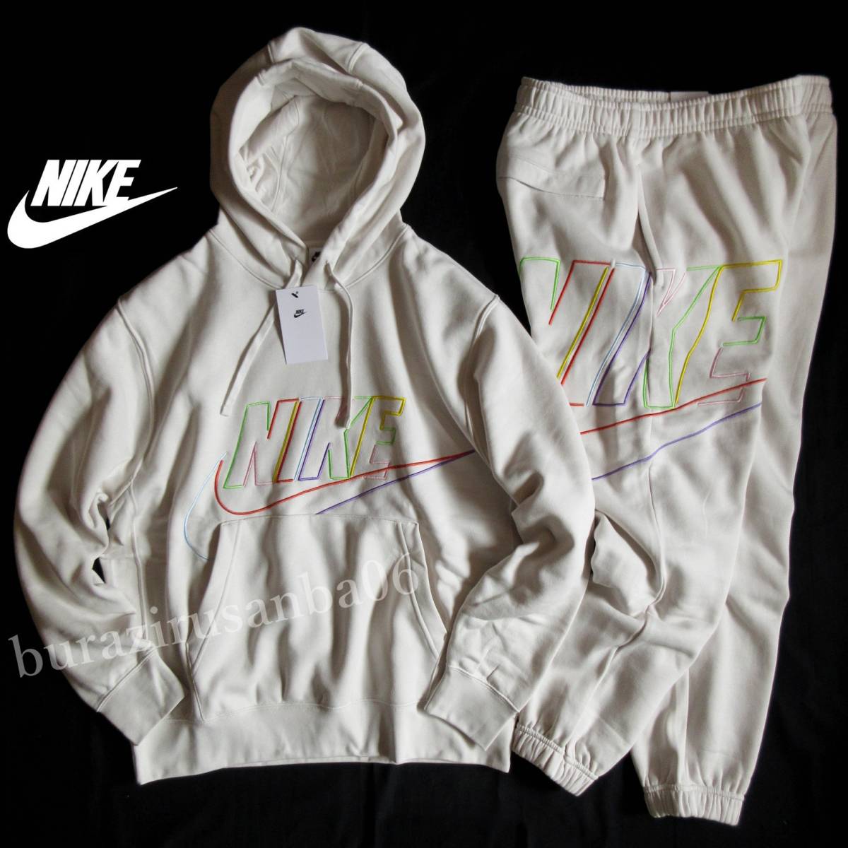 メンズ 2XL ◆未使用 NIKE ナイキ スウェット 裏フリース 上下 カラフルロゴ刺繍 プルオーバー フーディー パーカー パンツ セットアップ_画像1