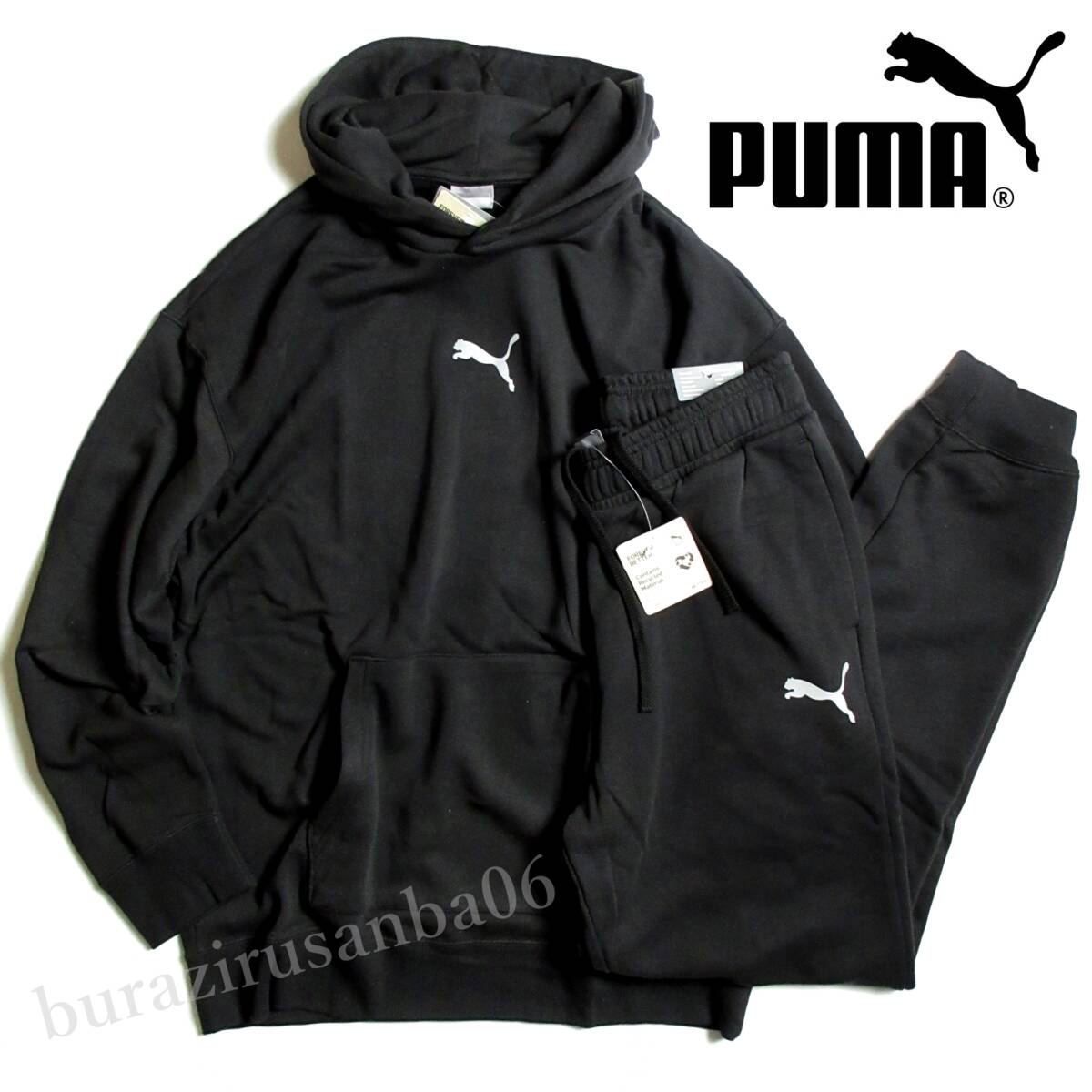 US/M 日本L相当 大きめ 春物◆未使用 PUMA プーマ リラックスフィット 上下 スウェット パーカー スウェットパンツ セットアップ 黒の画像1